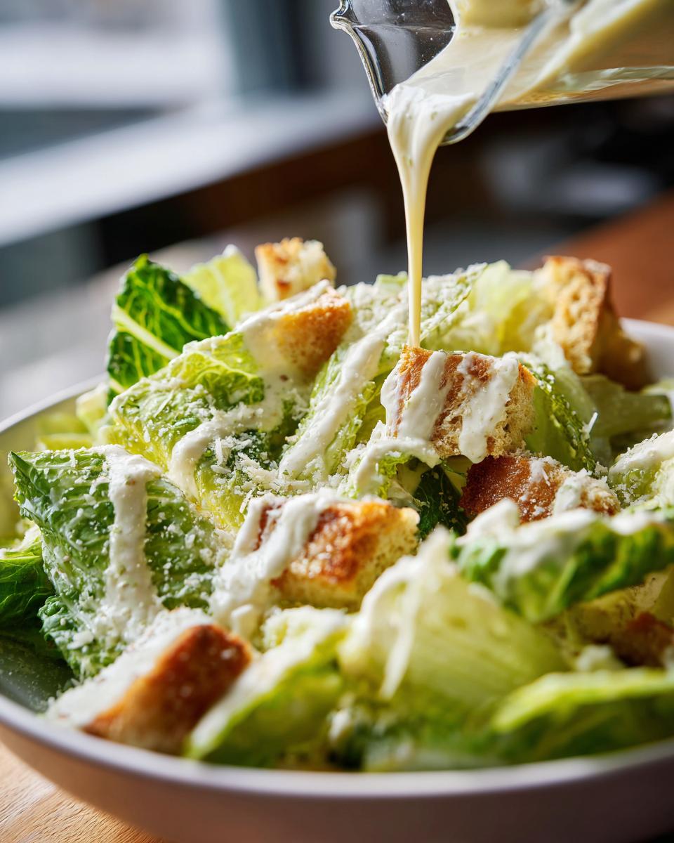 Pouring Homemade Caesar Dressing onto a fresh Caesar salad with romaine lettuce and croutons.