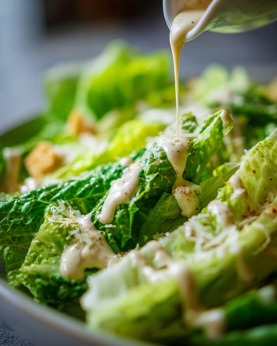 Homemade Caesar Dressing being poured onto romaine lettuce with croutons and parmesan.