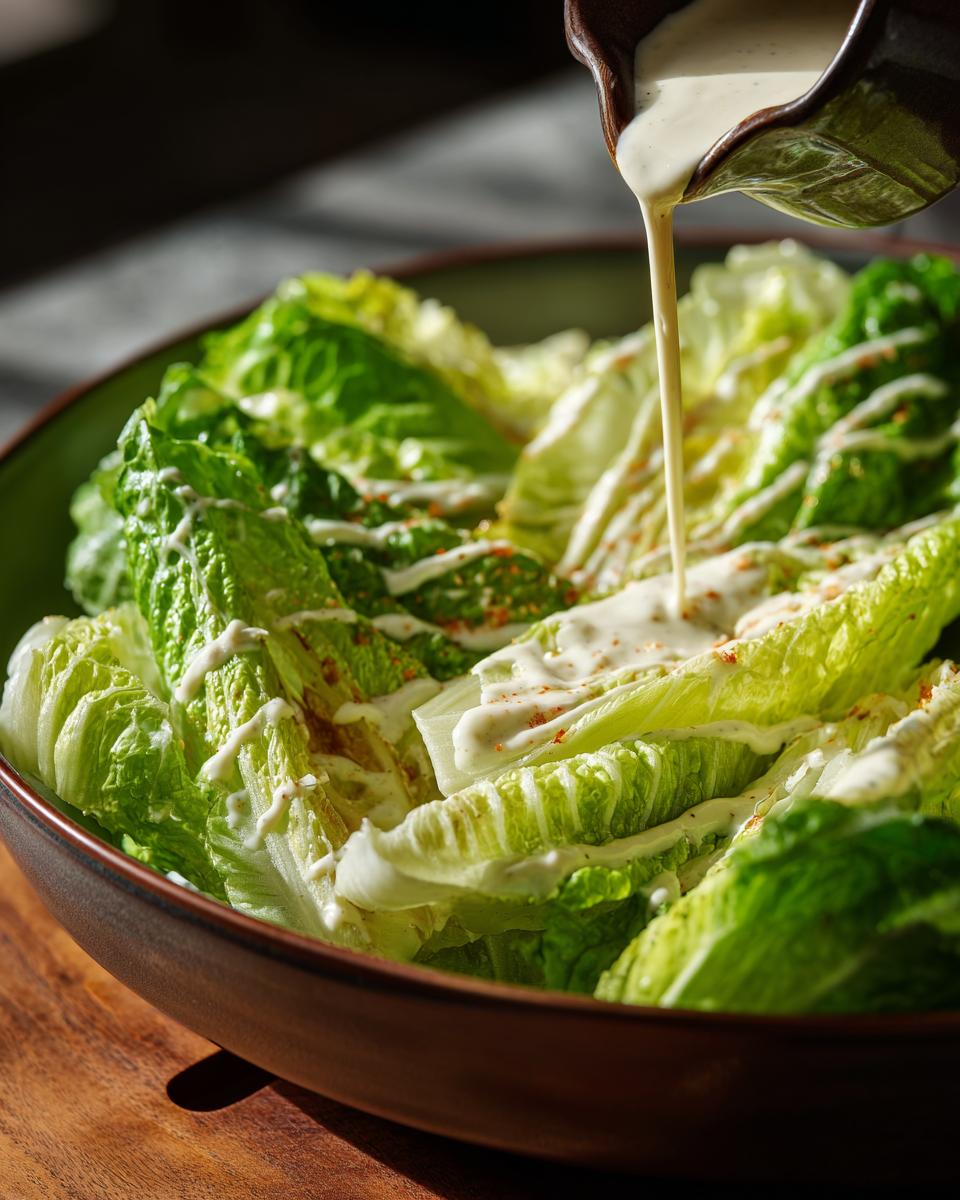 Homemade Caesar Dressing being poured onto a fresh romaine lettuce salad in a brown bowl.
