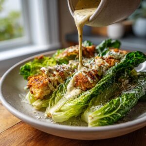 Homemade Caesar Dressing being poured over a salad with romaine lettuce and croutons.