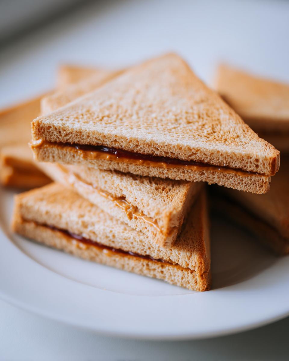 A stack of Homemade Uncrustables sandwiches, cut into triangles, showcasing the peanut butter and jelly filling.