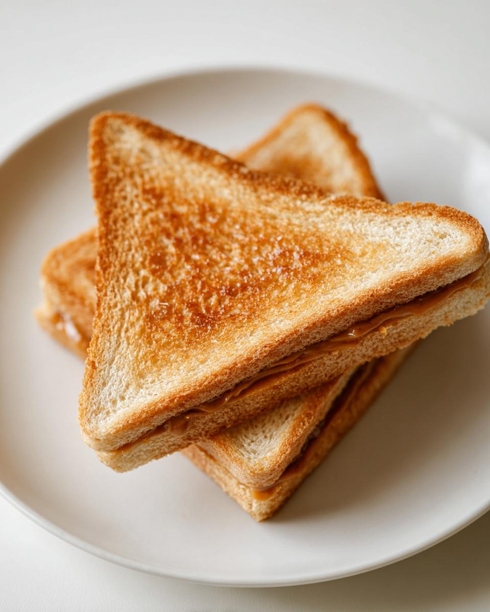 A stack of three Homemade Uncrustables sandwiches, cut into triangles, on a white plate.