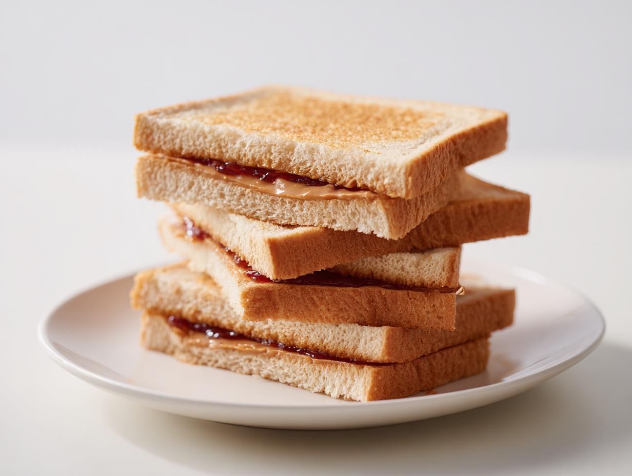 A stack of Homemade Uncrustables, featuring peanut butter and jelly sandwiches, on a white plate.