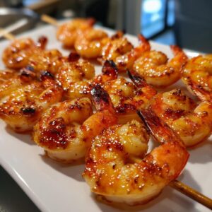 Close-up of honey garlic grilled shrimp skewers on a white plate, showcasing the glaze and grill marks.