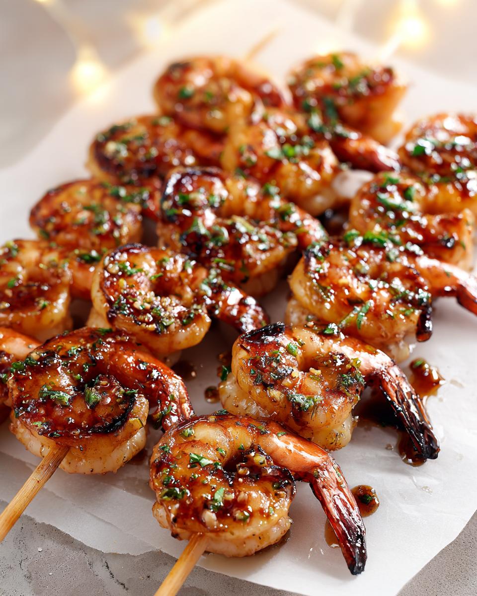 Delicious Honey Garlic Grilled Shrimp Skewers with a glistening glaze and fresh herb garnish.