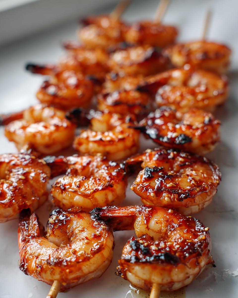 Close-up of honey garlic grilled shrimp skewers, glazed and sprinkled with sesame seeds.