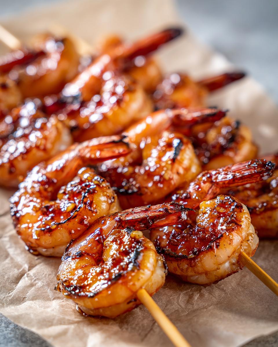 Close-up of honey garlic grilled shrimp skewers, glazed and arranged on parchment paper.