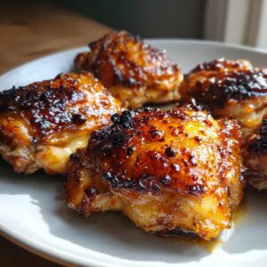 A plate of delicious, glistening Hot Honey Glazed Chicken Thighs, cooked to perfection.