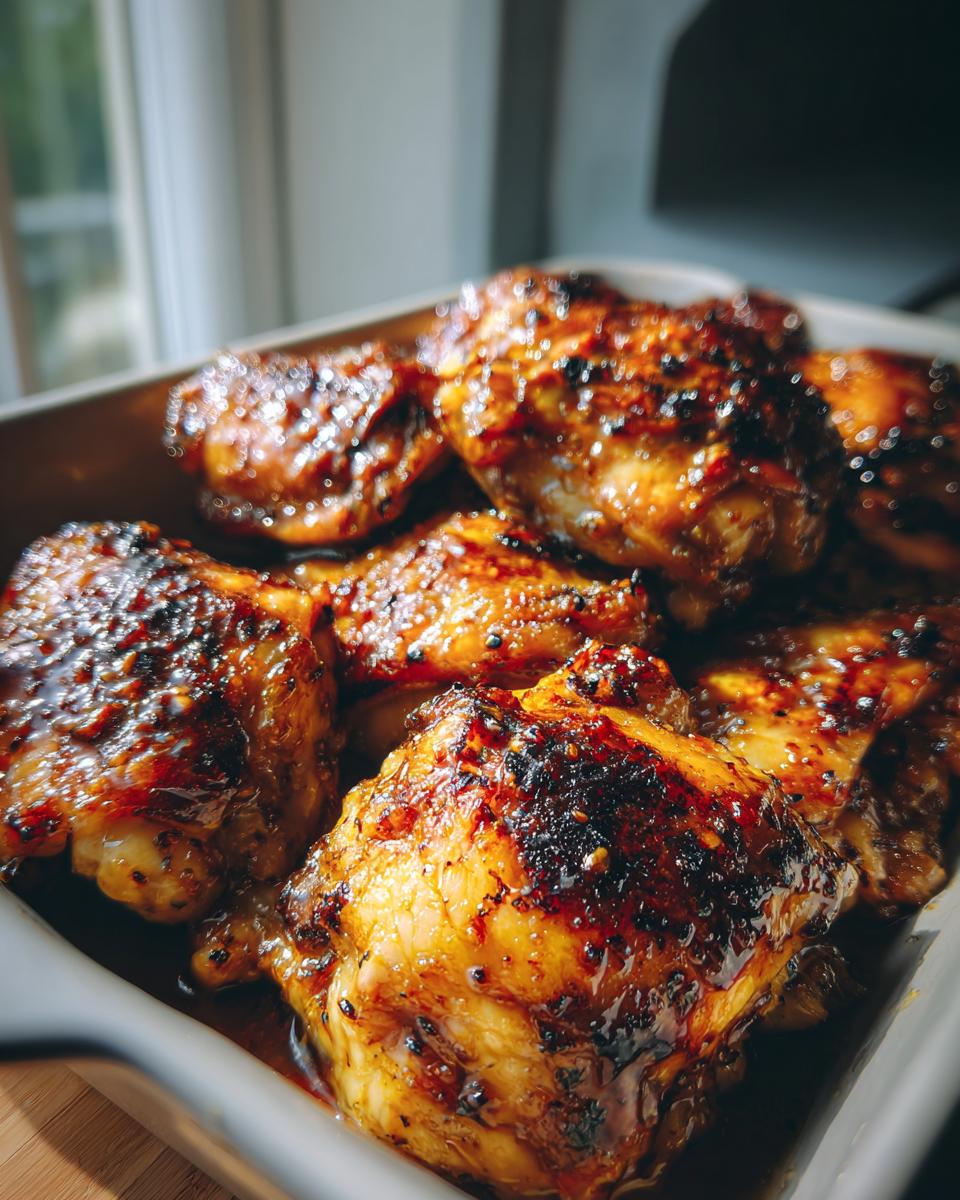 Close-up of Hot Honey Glazed Chicken Thighs in a baking dish, showing the glistening glaze and crispy skin.