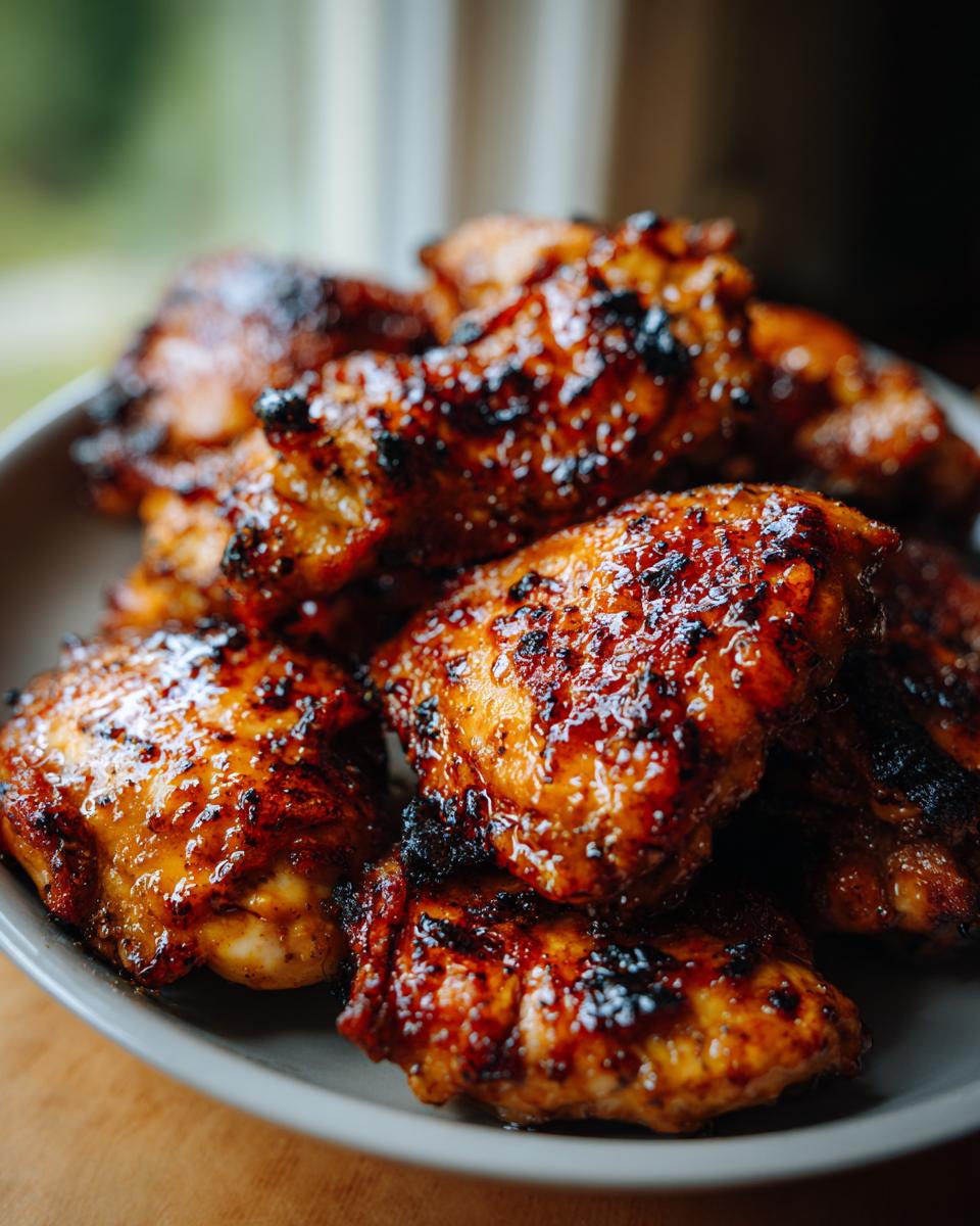 A plate of glistening Hot Honey Glazed Chicken Thighs, fresh and ready to eat.