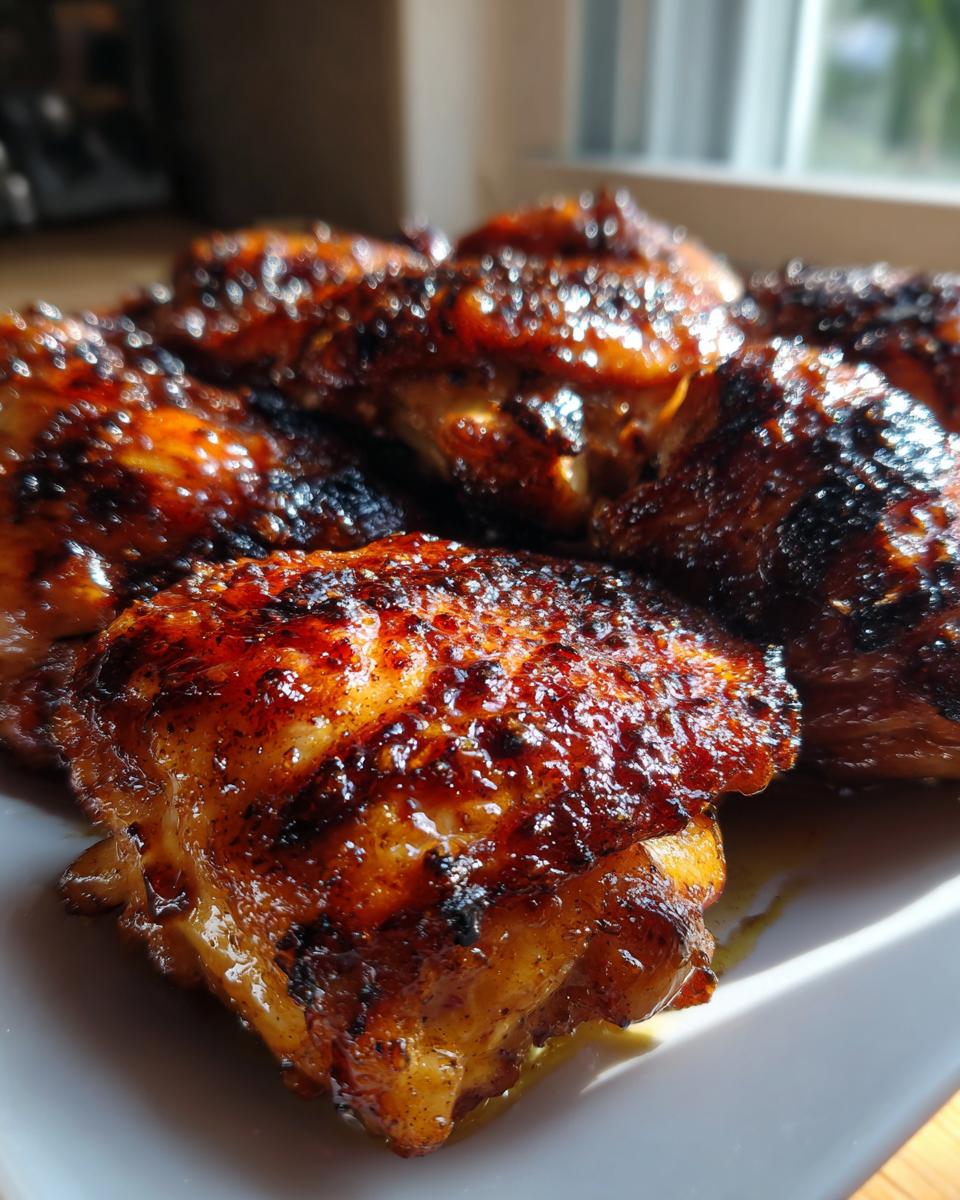 Close-up of several Hot Honey Glazed Chicken Thighs on a white plate, showing the glistening glaze.