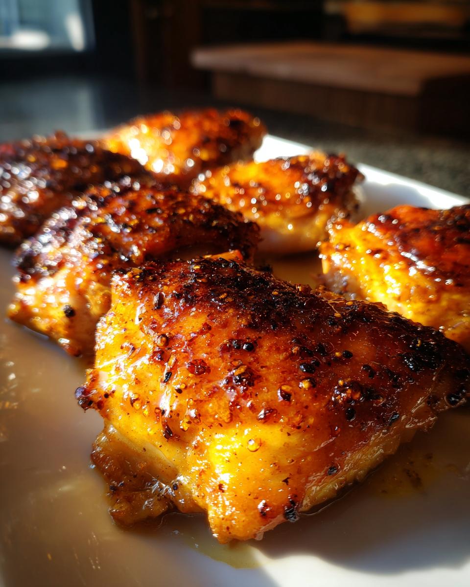 Close-up of glistening Hot Honey Glazed Chicken Thighs on a white plate, showcasing the sweet and spicy glaze.