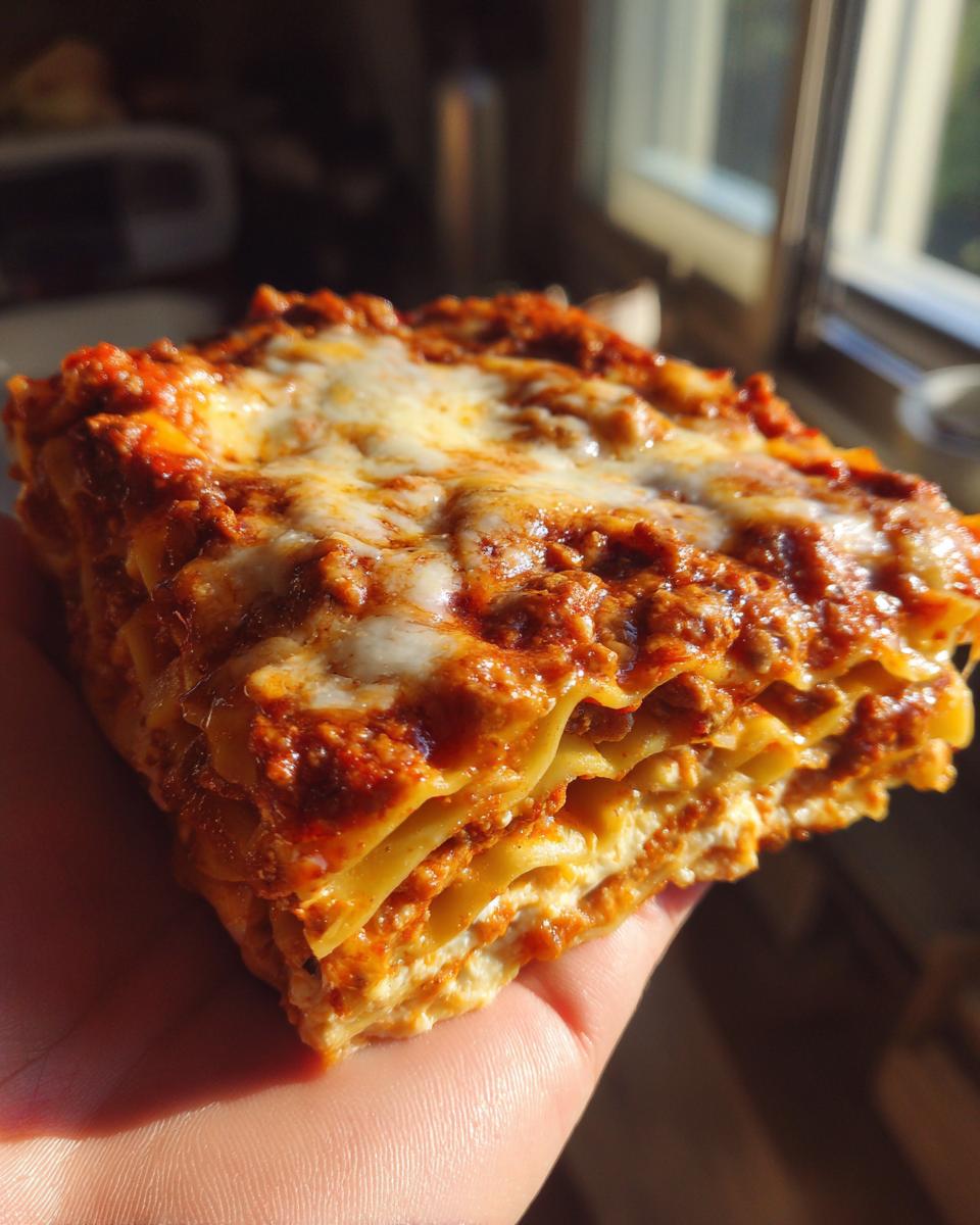 A slice of Lasagna with Cottage Cheese held in a hand, showcasing the layers of pasta, sauce, and cheese.