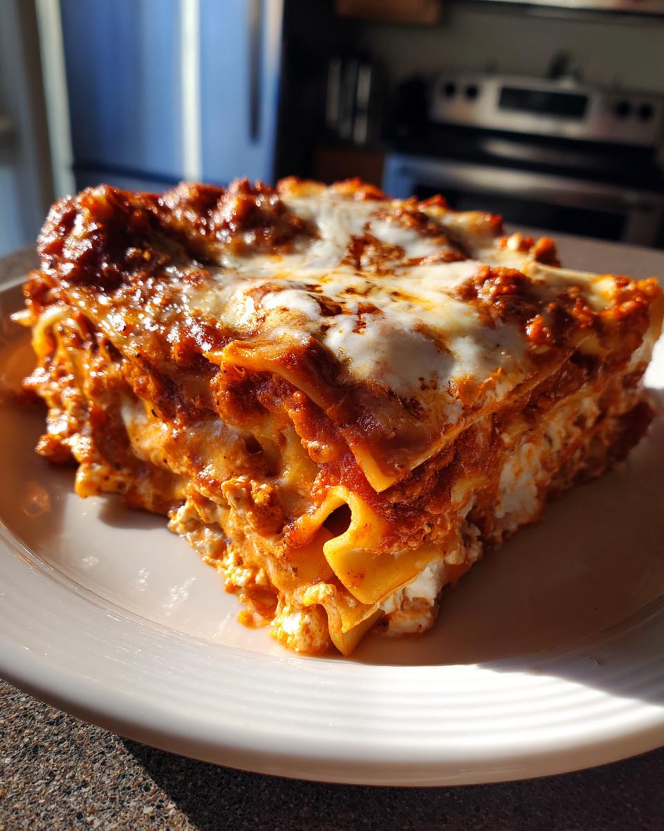 A delicious slice of Lasagna with Cottage Cheese, showcasing layers of pasta, sauce, and cheese.