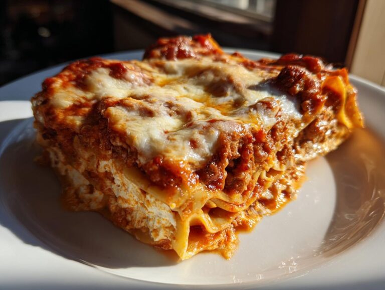 A delicious slice of Lasagna with Cottage Cheese, featuring layers of pasta, meat sauce, and melted cheese.