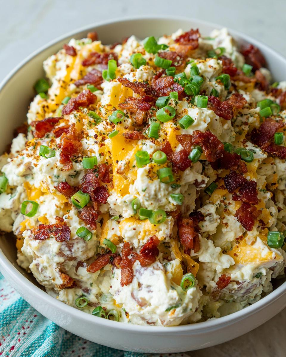 A bowl of creamy Loaded Baked Potato Salad topped with bacon, cheese, and green onions.