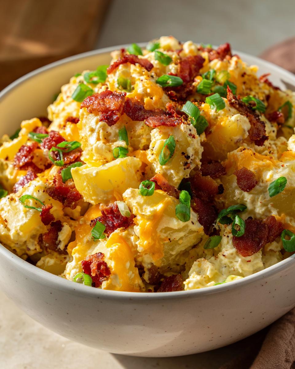 A bowl of Loaded Baked Potato Salad, topped with bacon and green onions.