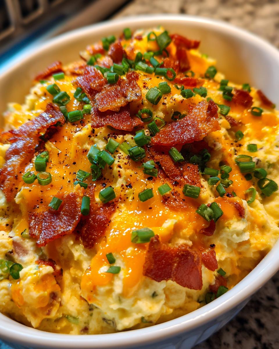 Close-up of Loaded Baked Potato Salad in a white bowl, topped with cheese, bacon, and chives.
