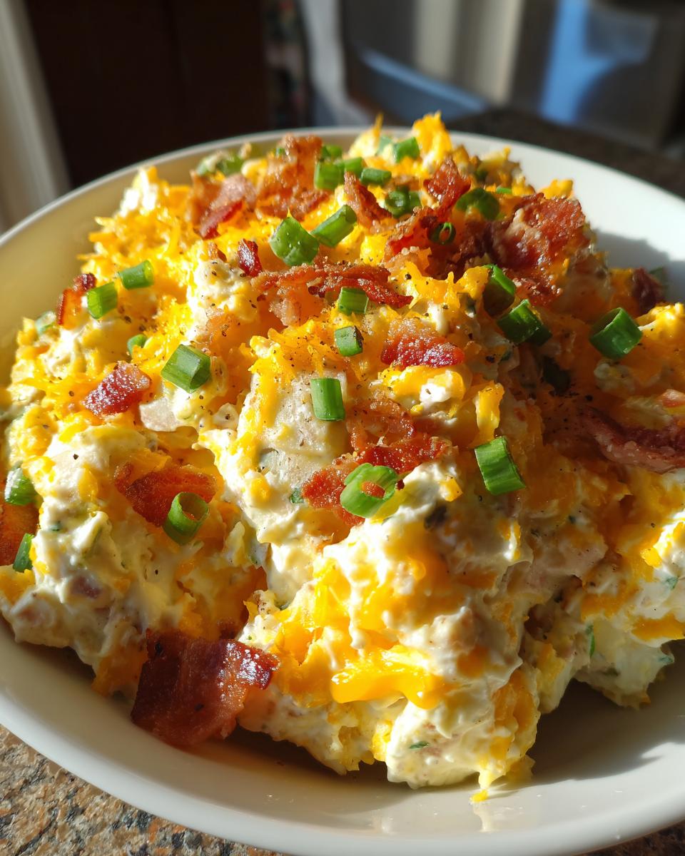 A bowl of Loaded Baked Potato Salad topped with cheese, bacon, and green onions.
