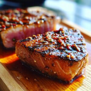 Close-up of two tuna steaks with a flavorful marinade. Perfect MARINADE FOR TUNA STEAK shown on wooden board.