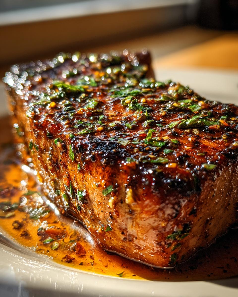 Close-up of a grilled tuna steak covered in a flavorful marinade for tuna steak, garnished with herbs.