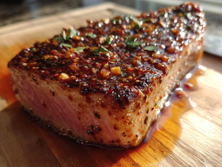 Close-up of a tuna steak with a flavorful marinade, resting on a wooden board. Perfect MARINADE FOR TUNA STEAK.
