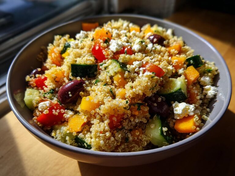 A vibrant bowl of Mediterranean Quinoa Salad with quinoa, feta, olives, and colorful vegetables.