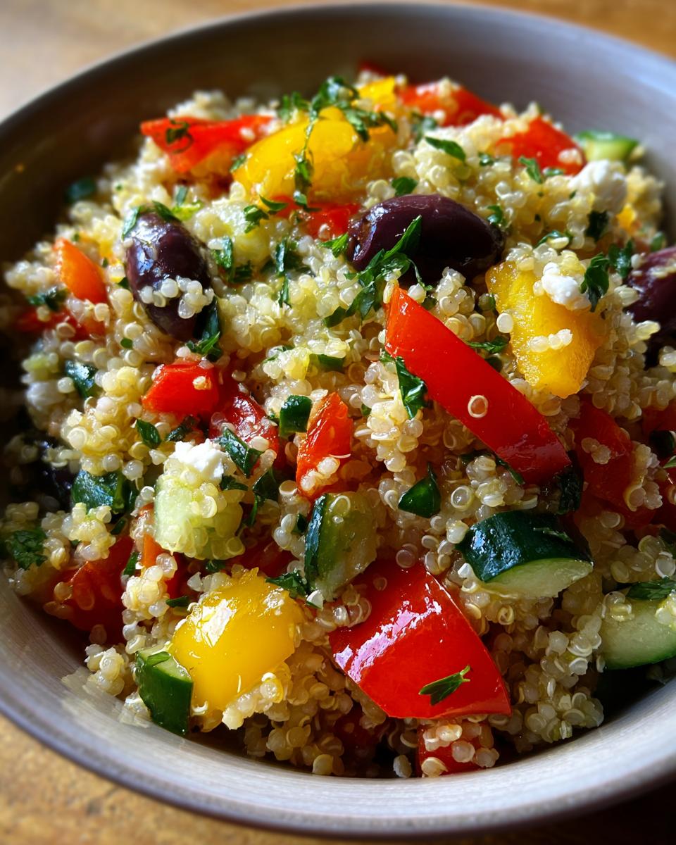 Close-up of a bowl of vibrant Mediterranean Quinoa Salad with quinoa, peppers, olives, cucumber, and herbs.