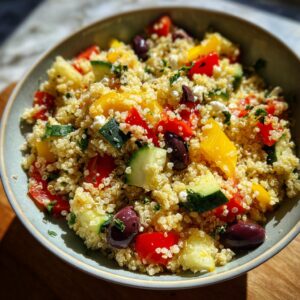 A vibrant bowl of Mediterranean Quinoa Salad with quinoa, cucumbers, tomatoes, olives, peppers, and feta.