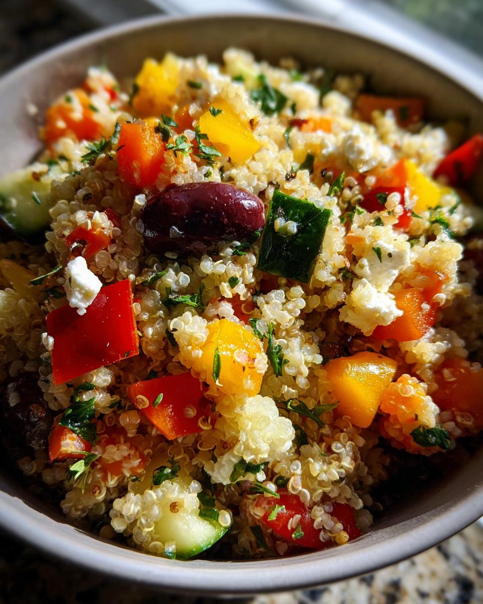 Close-up of a colorful Mediterranean Quinoa Salad with quinoa, vegetables, feta, and olives.