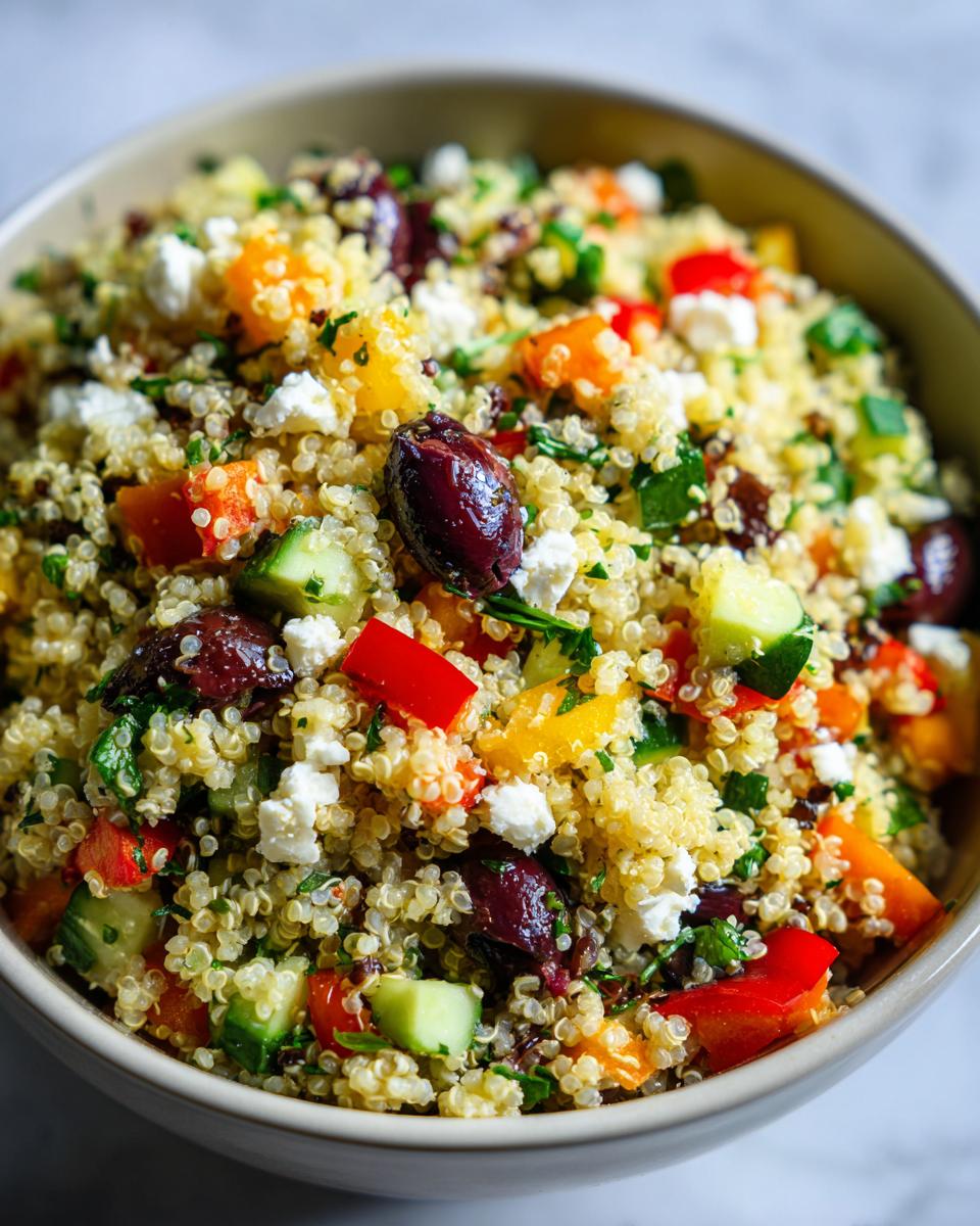 A vibrant bowl of Mediterranean Quinoa Salad with quinoa, olives, feta, cucumbers, and peppers.