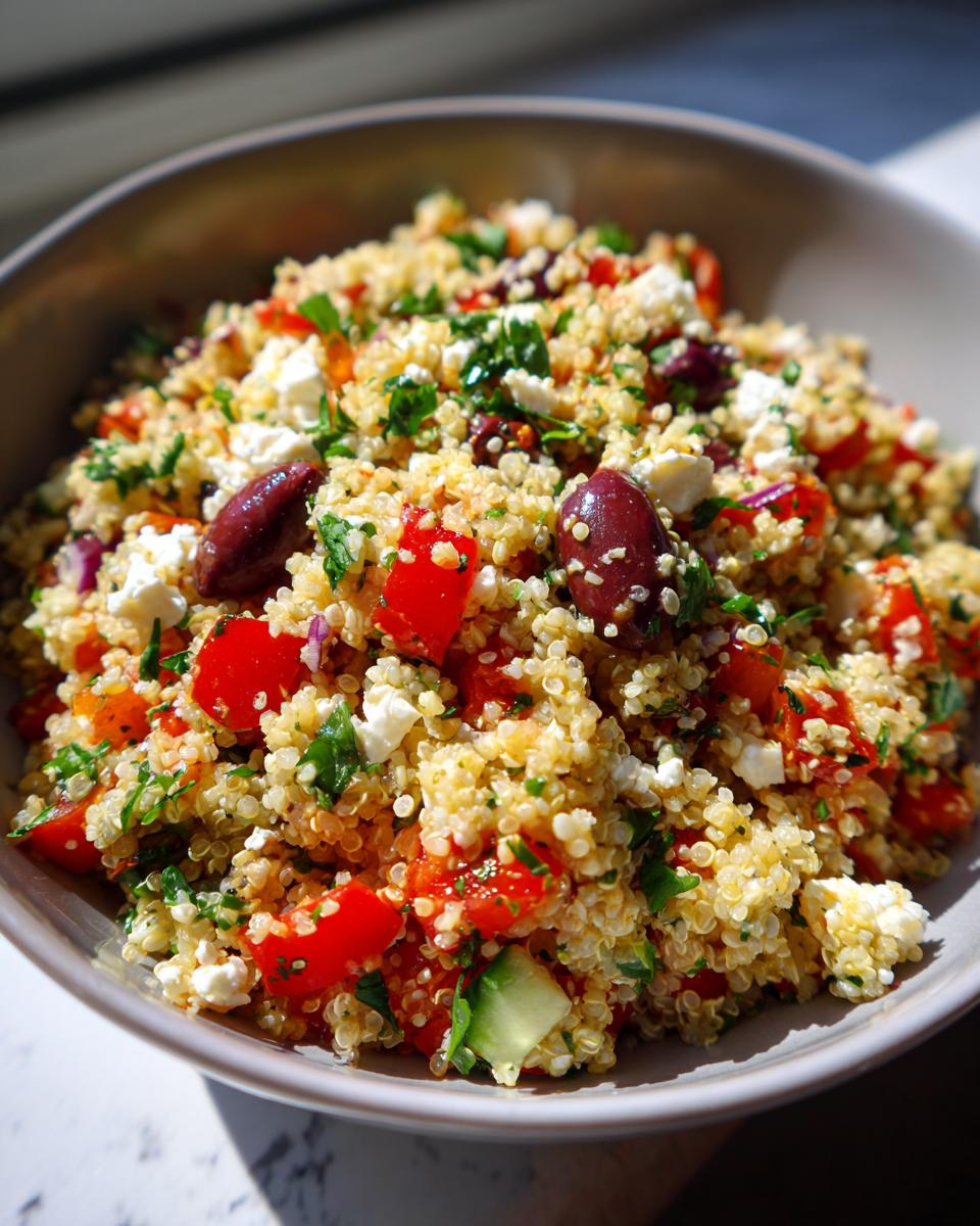 A vibrant bowl of Mediterranean Quinoa Salad with quinoa, tomatoes, olives, feta, and herbs.