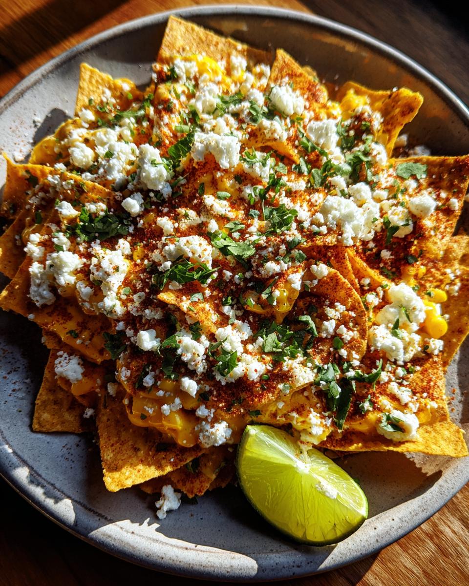 Delicious Mexican Street Corn Nachos topped with cotija cheese, cilantro, and spices, served with a lime wedge.