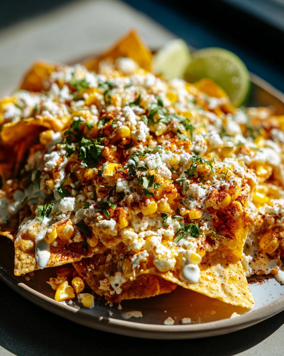 Delicious Mexican Street Corn Nachos piled high with corn, cheese, crema, and spices.