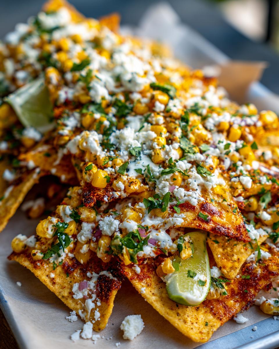 Delicious Mexican Street Corn Nachos piled high with corn, cheese, cilantro, and lime.