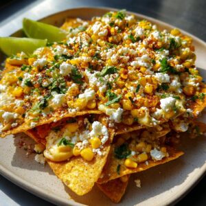 Delicious Mexican Street Corn Nachos piled high with corn, cheese, cilantro, and lime wedges.