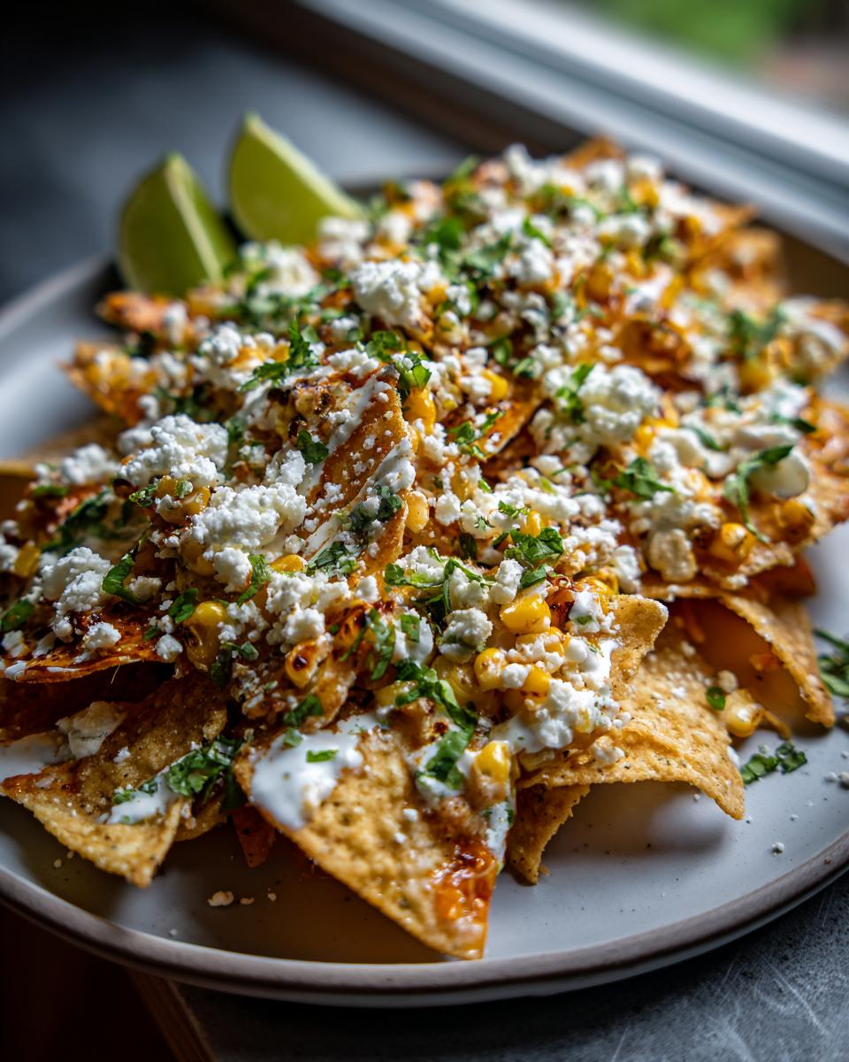 A plate piled high with Mexican Street Corn Nachos, topped with cotija cheese, cilantro, and lime wedges.