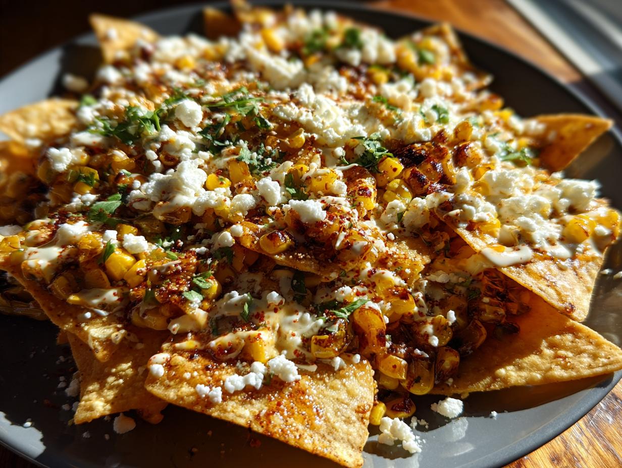 A platter of loaded Mexican Street Corn Nachos with charred corn, crumbled cheese, and cilantro.