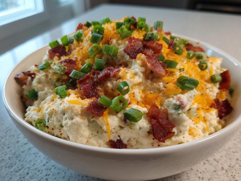 A bowl of Million Dollar Dip topped with bacon, cheese, and green onions.