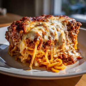 A slice of Million Dollar Spaghetti Casserole with layers of spaghetti, meat sauce, and melted cheese.