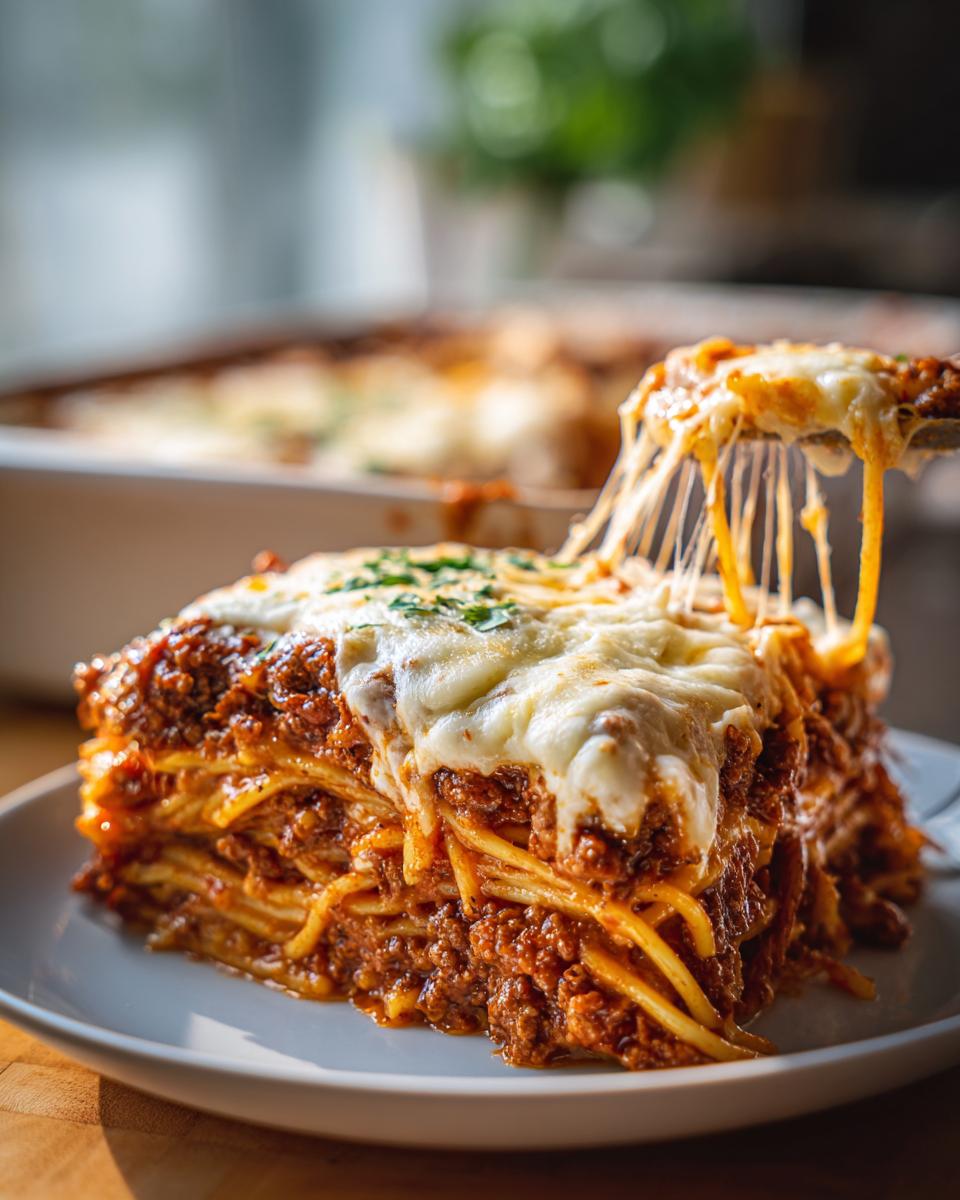 A slice of Million Dollar Spaghetti Casserole with a cheese pull, showing layers of spaghetti, meat sauce, and melted cheese.