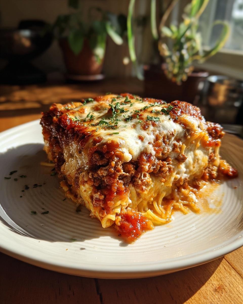 A slice of Million Dollar Spaghetti Casserole with layers of spaghetti, meat sauce, and melted cheese.