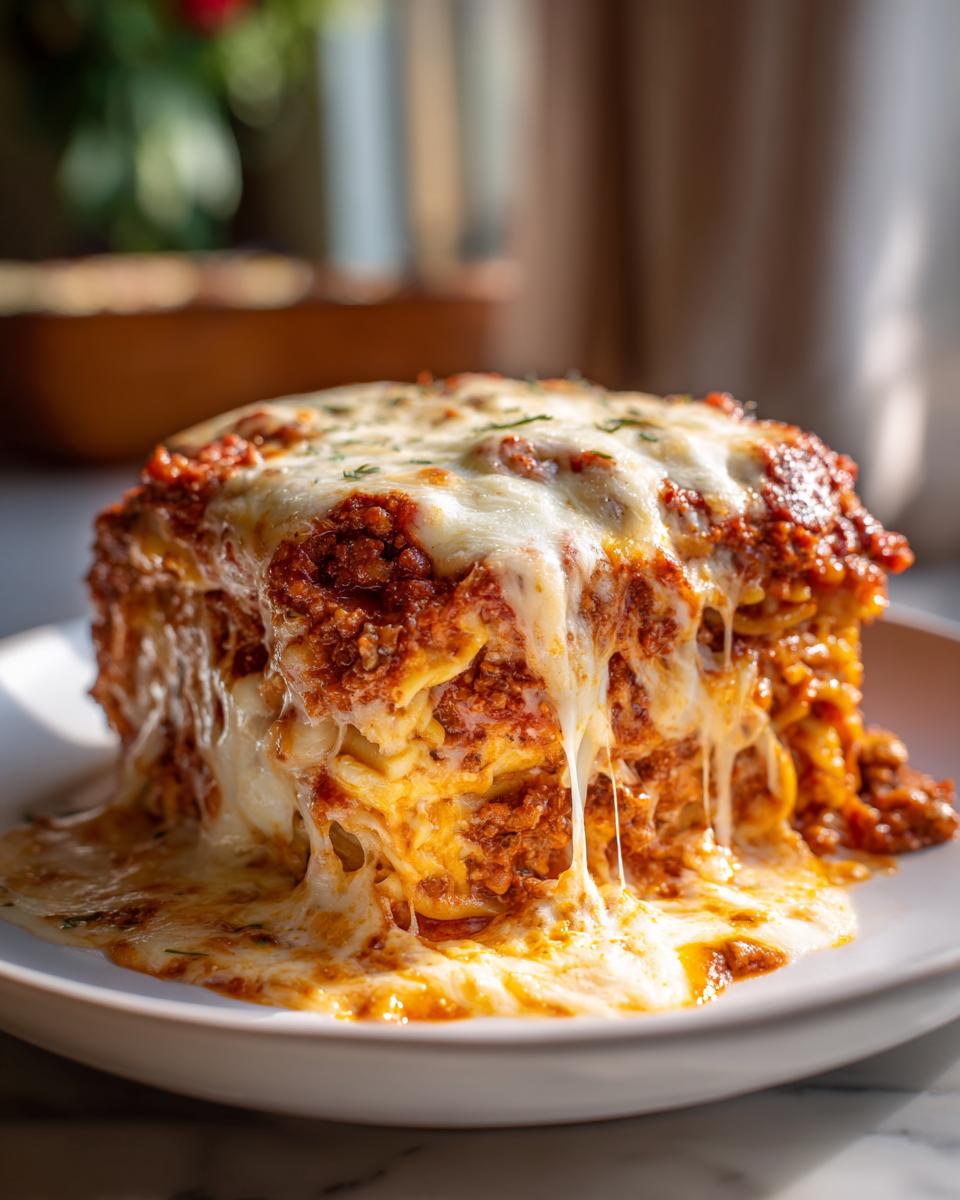A delicious slice of Million Dollar Spaghetti Casserole with layers of spaghetti, meat sauce, and melted cheese.