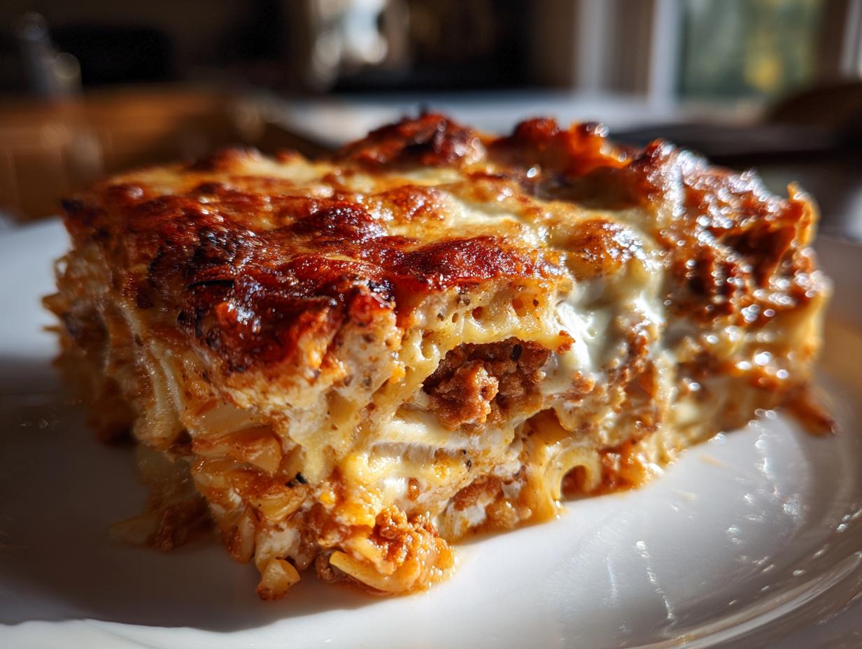 Close-up of a slice of Million Dollar Spaghetti Casserole, showcasing layers of spaghetti, meat sauce, and cheese.