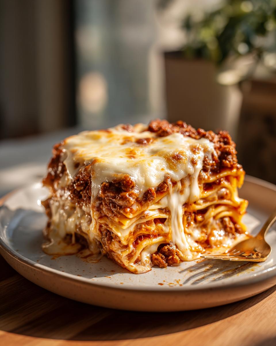 A delicious slice of Million Dollar Spaghetti Casserole with layers of pasta, meat sauce, and melted cheese.