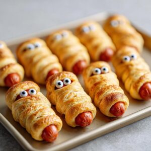 A tray of Mummy Dogs, an easy Halloween treat made with hotdogs wrapped in pastry and decorated with candy eyes.