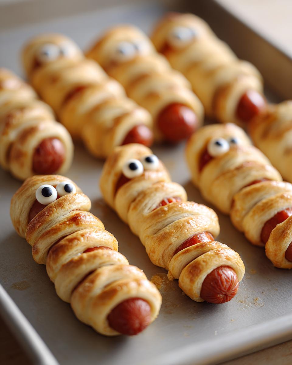 A baking sheet of mummy dogs, an easy Halloween treat made with hotdogs wrapped in pastry and candy eyes.