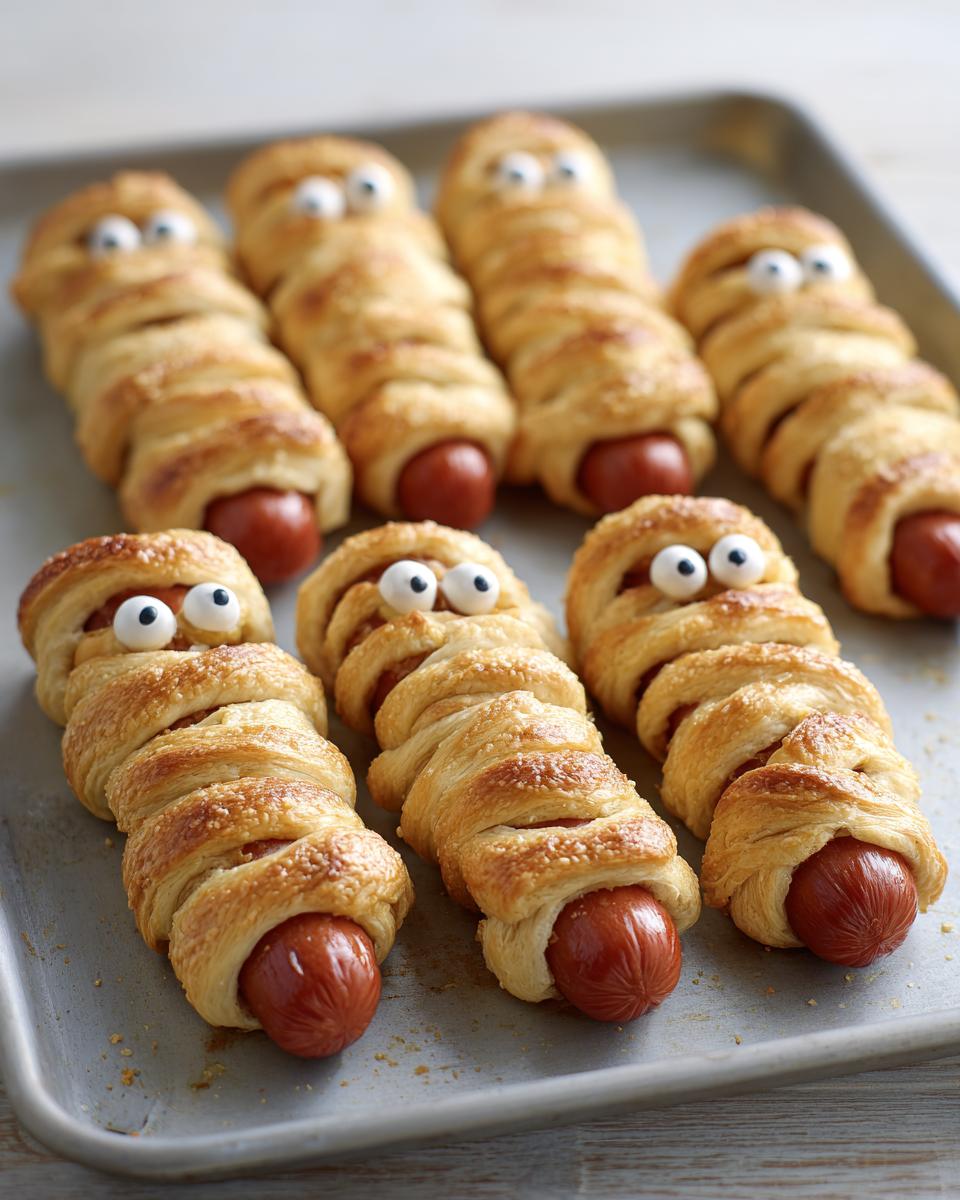 A tray of mummy dogs, an easy Halloween treats, made with hot dogs wrapped in pastry and decorated with candy eyes.