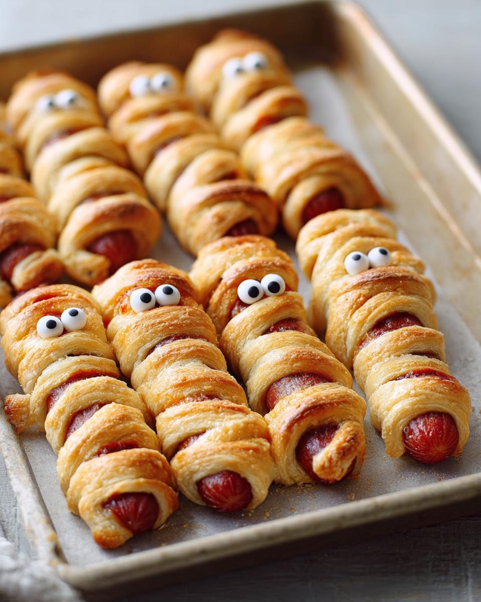 A baking sheet filled with Mummy Dogs, an easy Halloween treats recipe, featuring hot dogs wrapped in pastry with candy eyes.