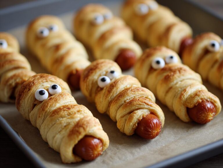 Close-up of Mummy Dogs, an easy Halloween treat, featuring hot dogs wrapped in pastry with candy eyes.